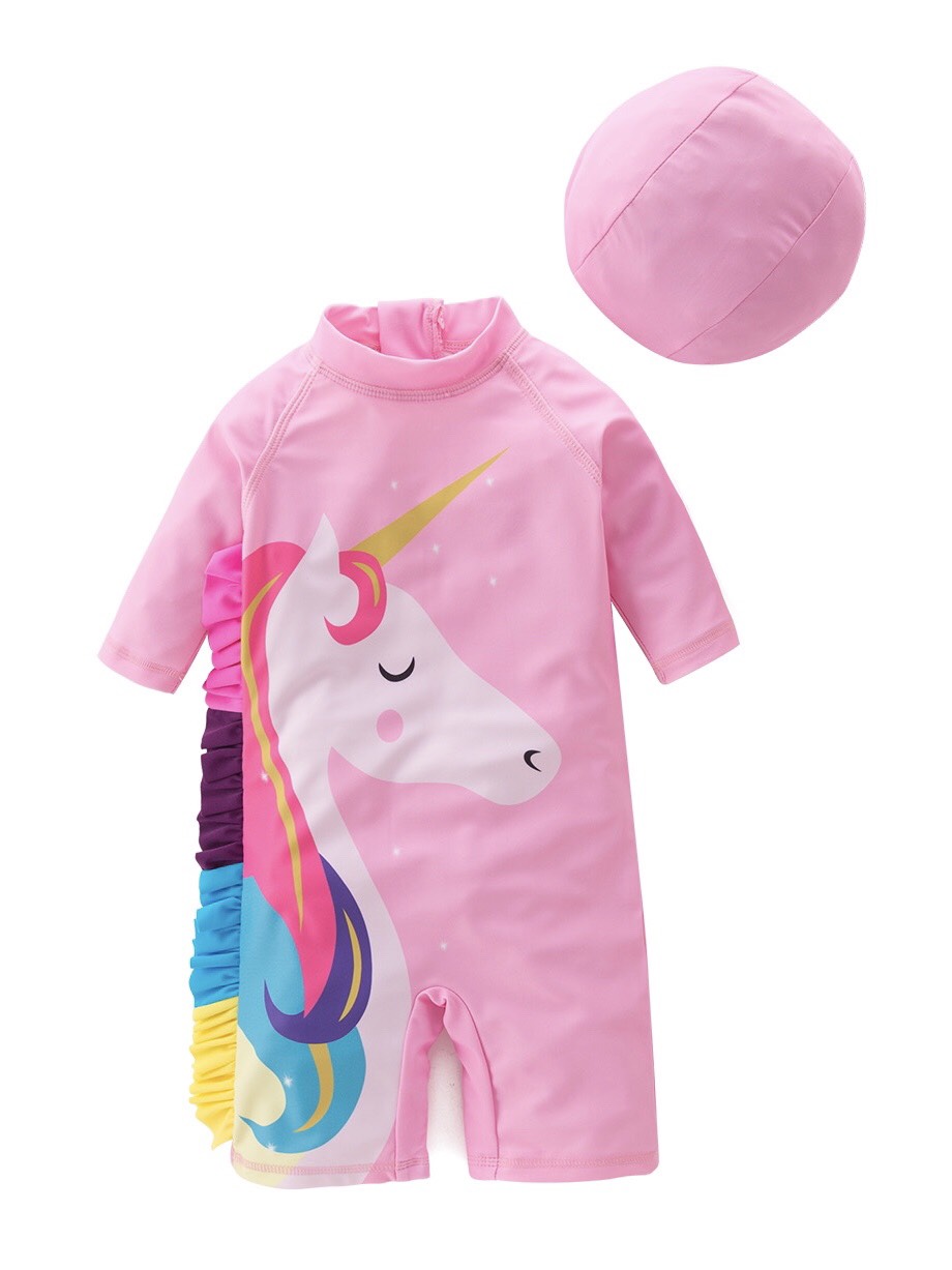 Kid Girls Chic Rash Guard Swimsuit Pink Unicorn Pool Party Swim Wear Beach Bathing Suit